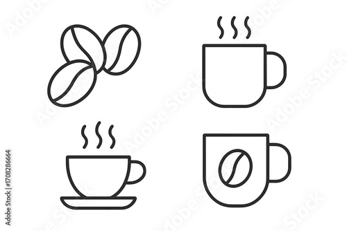 Coffee line icon bundle. Vector symbols of coffee beans, hot steaming mug, cup. Outline graphic design elements for cafe menu, website, app, barista logo concept.