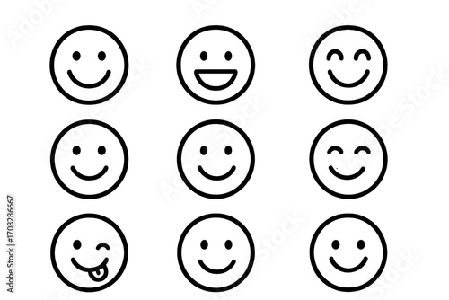 Simple smiley face icon set. Black and white line art vector illustration collection. Happy emoticons with various positive emotions and expressions for web and mobile apps design.