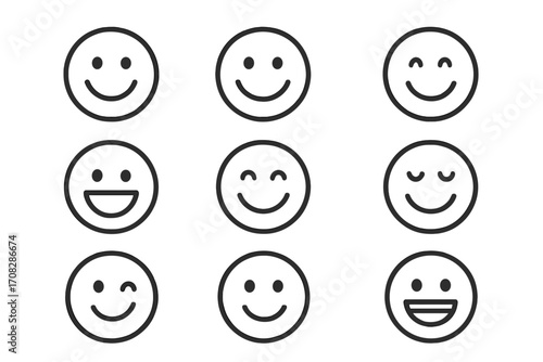Set of happy and smiling emoticons. Thin line icon bundle showing positive emotions. Simple vector line art for customer satisfaction ratings, feedback, web, apps, and UI design.