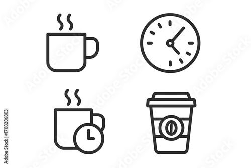 Coffee break line icon set. Coffee time outline signs. Vector symbols for web and graphic design. Hot drink, mug, cup, clock, and take-away coffee icons. Morning routine.