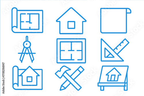 Architecture line icon set. Blueprint, house plan, and engineering symbols for web and mobile. Vector collection of construction project and building pictograms.