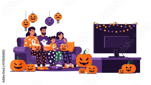 Halloween Family Gathering: A cozy Halloween family gathering, watching a movie with happy pumpkins. Embodying the spirit of this spooky festive season.