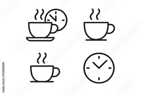 Coffee break line icon set. Minimalist coffee cup and clock outline symbols for web and mobile app design. Vector illustration for cafe menu, office break, morning routine.