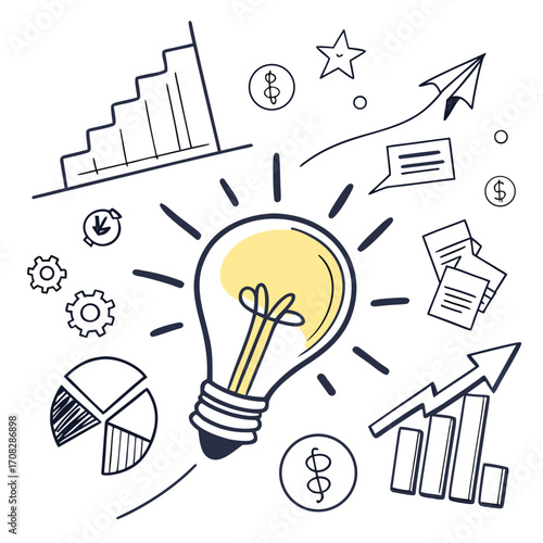 Creative business idea with light bulb and doodle icons, innovation and growth concept illustration for startup, finance and strategy design