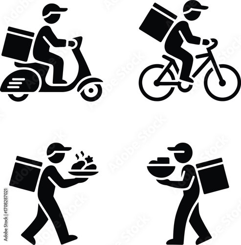 Mobile Delivery Worker Icons – Scooter, Bicycle, Tray & Smartphone Courier Vectors