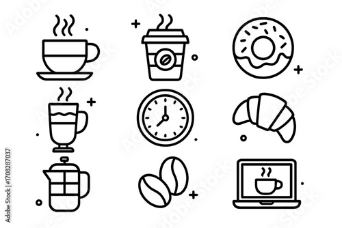 Coffee break vector icon set. Outline symbols for cafe menu, bakery, and office work. Includes coffee cup, donut, croissant, laptop, french press. Linear pictograms design.