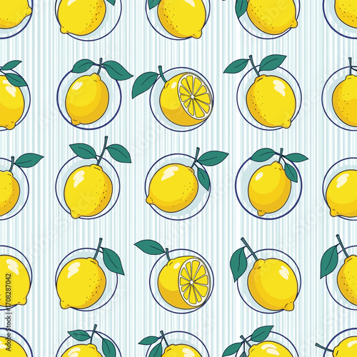 Seamless Pattern of Fresh Lemons with Leaves in Circles.