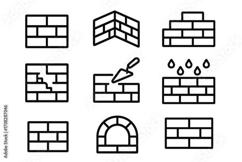 Building and construction thin line icon set. Brick wall, masonry, and architecture outline signs. Vector symbols for trowel work, repair, and waterproof concepts.