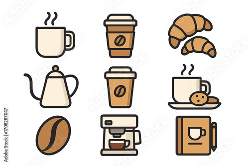 Coffee break icon set vector. Modern outline style symbols for cafe menu, web design, apps. Collection of coffee cup, machine, bean, croissant, hot drink, espresso.