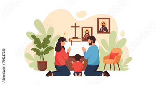 Flat style illustration of a family praying together at a home altar with a cross, Bible, candle, and holy images, symbolizing faith, devotion, and Christian spirituality at home