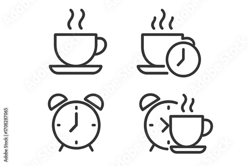 Coffee break time vector line icon set. Hot drink and clock outline signs for graphic design. Morning coffee, office pause, cafe menu concepts for web and apps.