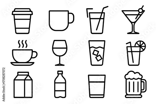 Beverage and drink line icon set. Vector outline signs for graphic design. Includes coffee, tea, cocktail, wine, beer, juice, water, and soda icons. Simple pictogram bundle.