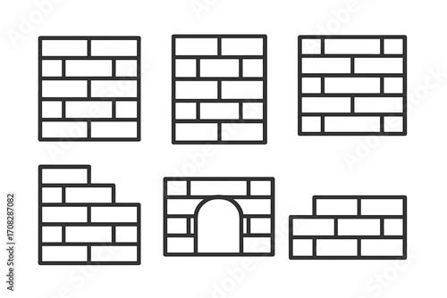 Building line icon set. Brick wall outline signs for graphic and web design. Vector illustration. Construction, barrier, masonry, brickwork symbols. Clean simple icons.