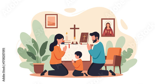 Flat style illustration of a family praying together at a home altar with a cross, Bible, candle, and holy images, symbolizing faith, devotion, and Christian spirituality at home