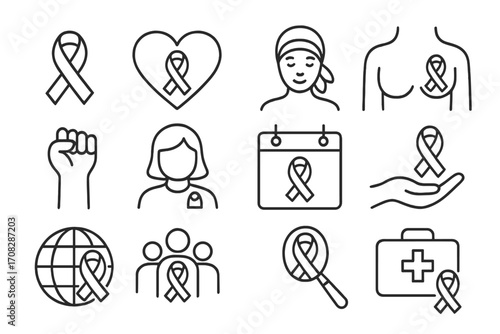 Breast cancer awareness month line icon set. Pink ribbon for hope, charity, and support. Vector icons for survivor, fight, health care, and women's health. Editable stroke.