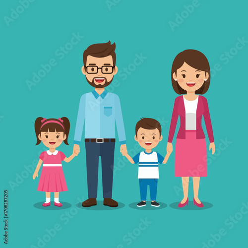 A joyful illustration of a young nuclear family, with parents and two children holding hands, representing love and togetherness