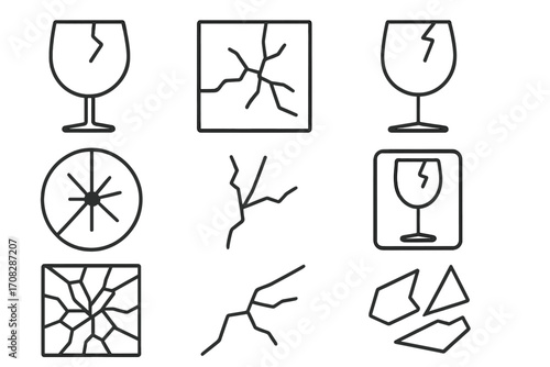 Broken glass line icon set. Cracked window, screen, and fragile wineglass symbols. Shatter effect and damage signs collection. Vector outline pictograms for web and apps.