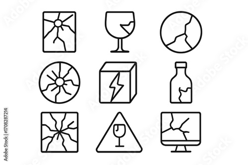 Broken glass line icon set. Fragile warning sign, cracked window, shattered screen, broken bottle vector symbols. Damage outline pictograms for delivery, packaging and web.