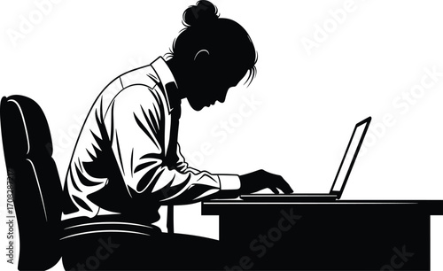 Black silhouette of stressed office worker sitting at desk using laptop, business burnout concept vector for workplace, corporate, and productivity themes
