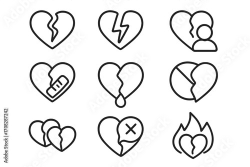 Broken heart line icon set. Love and relationship problem concept. Sadness, pain, divorce, breakup symbol collection. Vector outline graphic for web and app design.