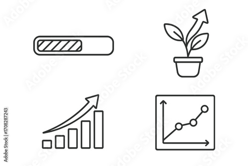 Set of line icons for business growth, progress, and success. Vector symbols including bar chart, data graph, loading bar, and growing plant for startup, finance, and analytics.