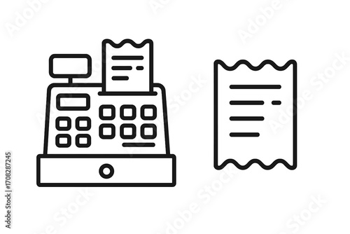 Cash register and receipt outline icon set. Vector line art illustration for concepts like checkout, payment, purchase, retail, and shopping. Modern minimalist design.