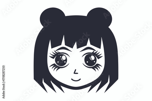 Charming anime girl with dark hair smiles, and her eyes sparkle with youthful innocence