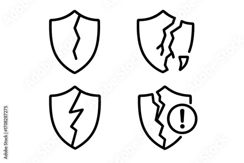 Broken shield icon set. Vector line icons for security, vulnerability, and risk. Unsafe protection, defense failure, and data breach concept. Cybersecurity warning alert symbol.