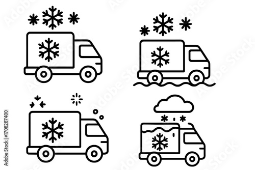 Refrigerated truck line icon set for cold chain logistics and frozen food delivery. Winter shipping and transport concept symbols for web, apps, and graphic design.