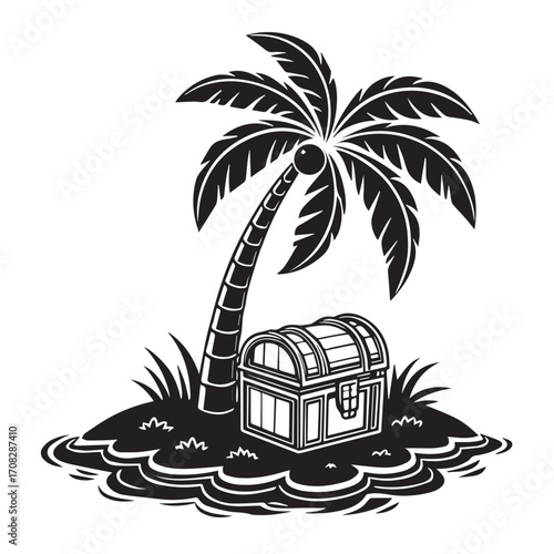 Treasure chest under a palm tree on a small island, isolated on white background