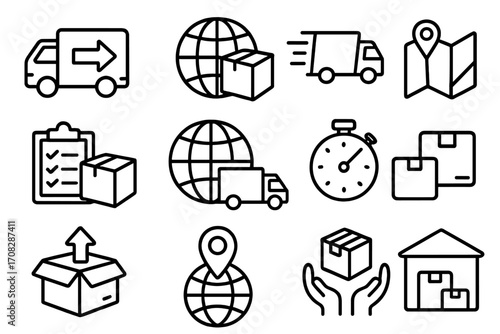 Global delivery and logistics icon set. Outline icons for shipping, tracking, and transport. Vector symbols for web, mobile apps. Fast delivery, cargo, warehouse and distribution signs.