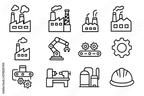 Factory and industry vector line icon set. Thin line symbols for manufacturing, production, automation, robotics, engineering, machinery, plant, conveyor belt, gear, safety.