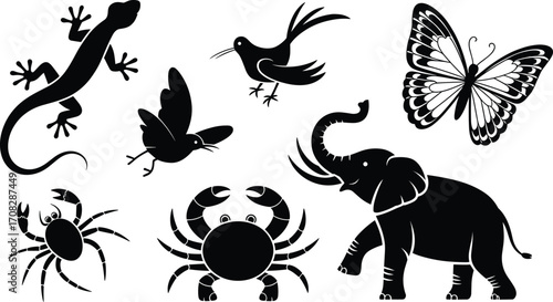 Canvas Print Silhouette collection of wild animals, birds, insects and sea creatures, includi