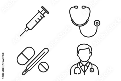 Medical line icon set with doctor, syringe, stethoscope, pills, thermometer. Healthcare, hospital, and pharmacy symbols. Vector graphic elements for web, apps, infographics.