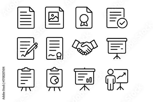 Business documents and presentation line icon set. Vector contract, agreement, report, data analysis, and partnership symbols. Editable stroke for infographics and web design.