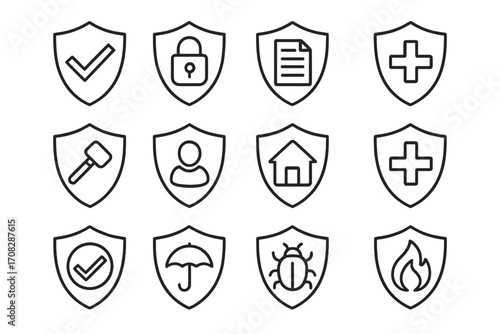 Insurance and protection line icon set. Shields with symbols for health, home, fire, and data security. Vector outline signs for web, apps, and graphic design concepts.