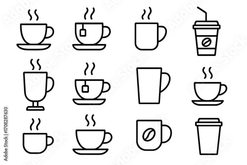 Coffee and tea line icon set. Hot beverage cup, mug, and takeaway drink symbols. Editable stroke vector graphics for cafe menu, web design, apps. Minimalist outline style.