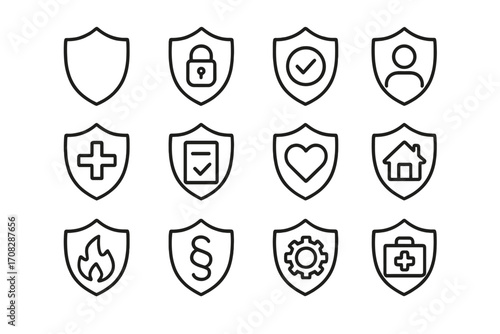 Protection shield line icon set. Security, insurance and safety concepts. Health, home, life and fire insurance vector pictograms. Data privacy, legal defense symbols.