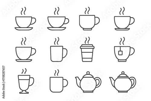Coffee and tea line icon set. Hot beverage outline symbols for cafe menu. Vector collection of cup, mug, espresso, teapot icons. Editable stroke pictogram for web and app.