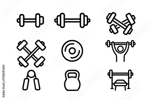 Gym line icon set. Dumbbell, barbell, kettlebell and sport equipment for fitness and workout. Vector collection for web design. Strength training and bodybuilding concept.