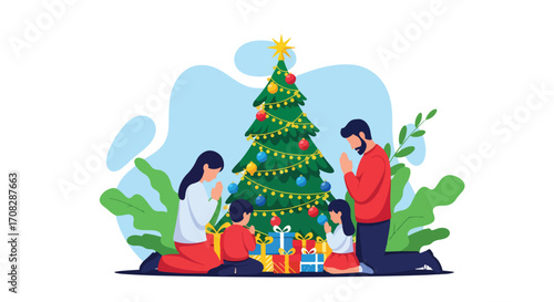 Flat style illustration of a family praying together by a decorated Christmas tree with gifts, symbolizing faith, gratitude, love, and the spiritual meaning of the holiday season