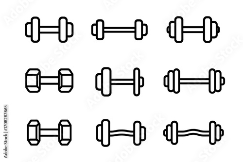 Dumbbell line icon set. Sport equipment for fitness and gym. Simple vector signs for workout, bodybuilding, weight training. Healthy lifestyle. Barbell pictogram symbol.