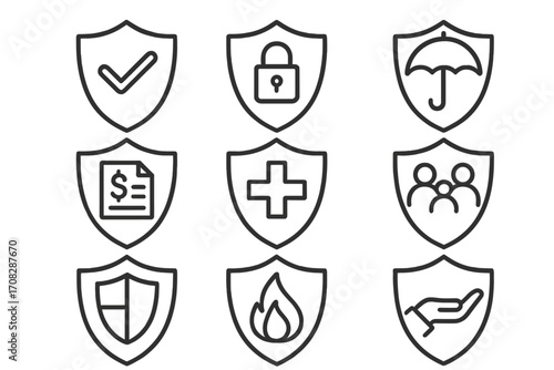 Insurance and protection line icon set. Vector shields with safety symbols. Icons for health, family, fire, financial, and data security. Outline signs for web and apps.