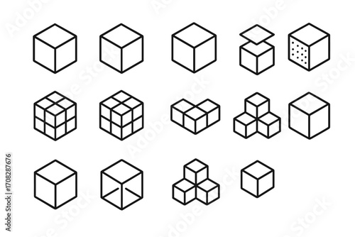 Cube icon set vector collection. 3D box and block line art symbols. Isometric geometric shapes for logo design, blockchain technology, and data concepts. Minimalist outline.