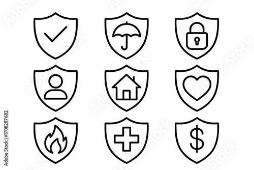 Security & insurance vector line icon set. Shields with symbols for protection, defense & safety. Concept for financial, health, home, life, fire & data security guarantee.