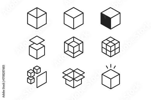 Cube and box outline icon set for logistics and packaging. Vector symbols for delivery, product, and 3D modeling. Modular block for blockchain technology concept.