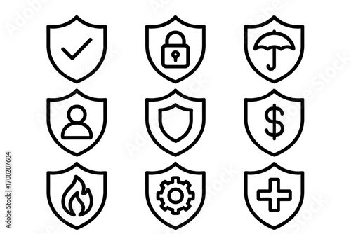 Insurance protection icon set. Shield line icons for safety, security, and defense. Vector signs for finance, health, data privacy guarantee. Web app UI pictogram elements.