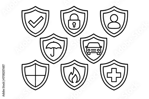 Insurance and protection line icon set. Vector shield symbols for security, safety, and defense concepts. Car, health, fire, life, and data privacy outline signs for web.