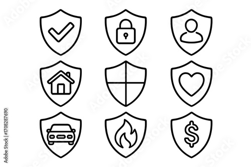 Security insurance vector line icon set. Shield pictograms for defense, safety, protection concepts. Home, car, health, fire, financial and personal safety outline icons.