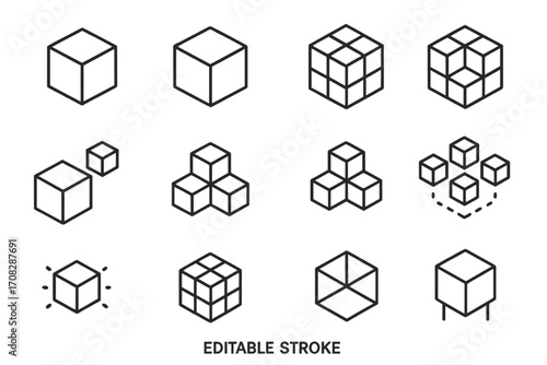 Cube isometric line icon collection. Abstract 3D box and block symbols for data, blockchain, and logistics concepts. Geometric structure and module vector icon set with editable stroke.